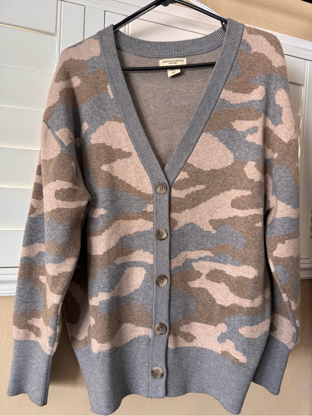 Christian Siriano Gray and Beige Camo Button-Front Cardigan